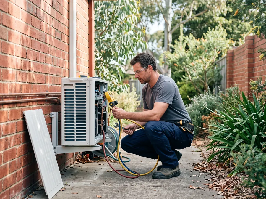 Air conditioning technician servicing a split system condenser outside a brick home