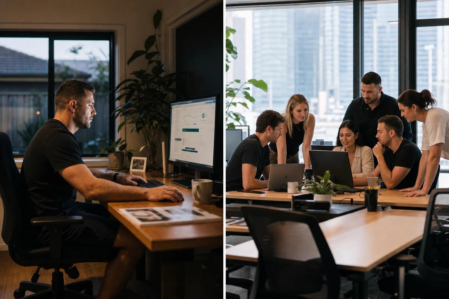 Two paths representing DIY tradie advertising versus hiring a specialist agency, showing the trade-offs involved