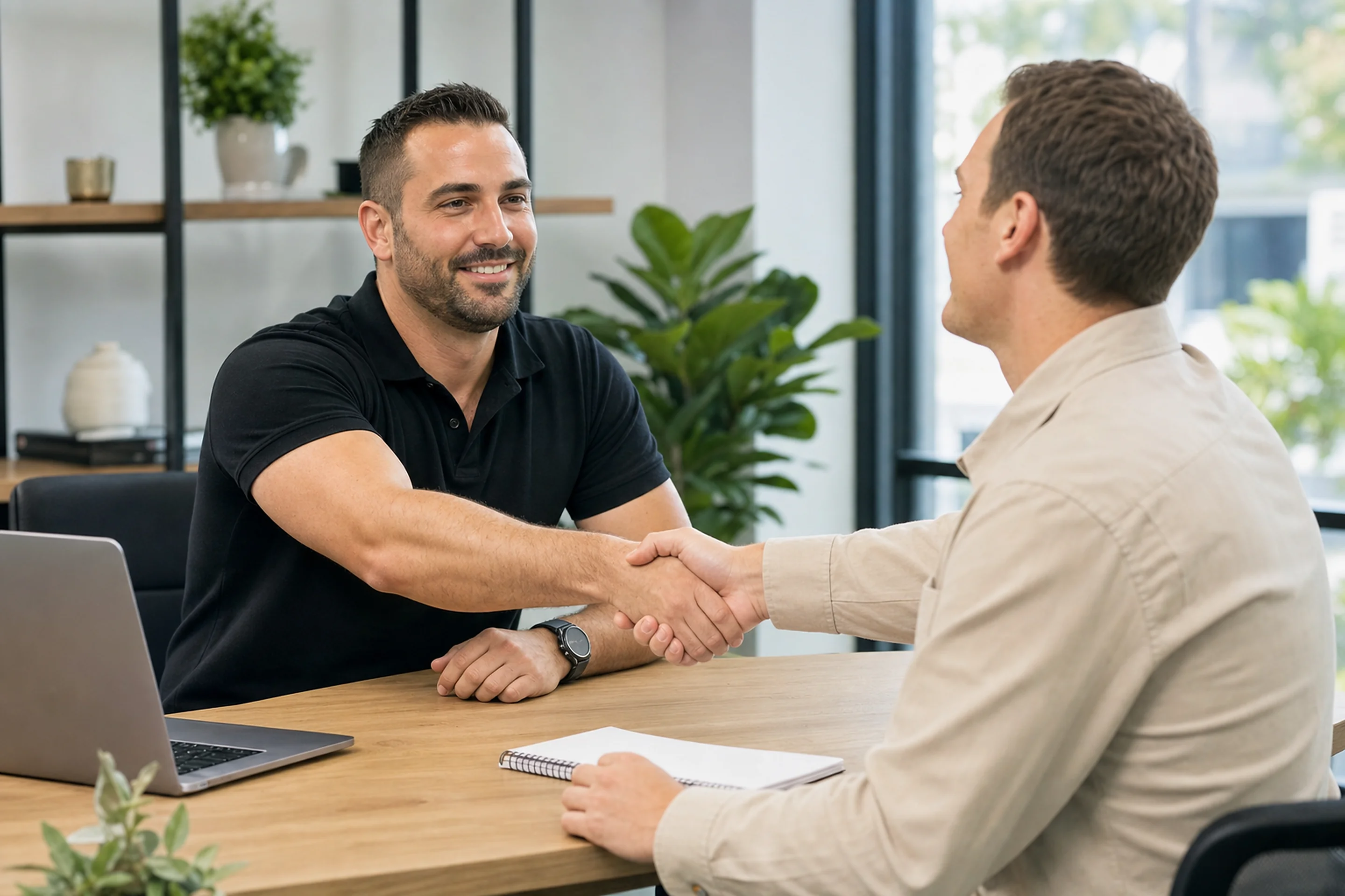 Tradie and marketing agency consultant shaking hands, representing the decision between DIY advertising and hiring an agency