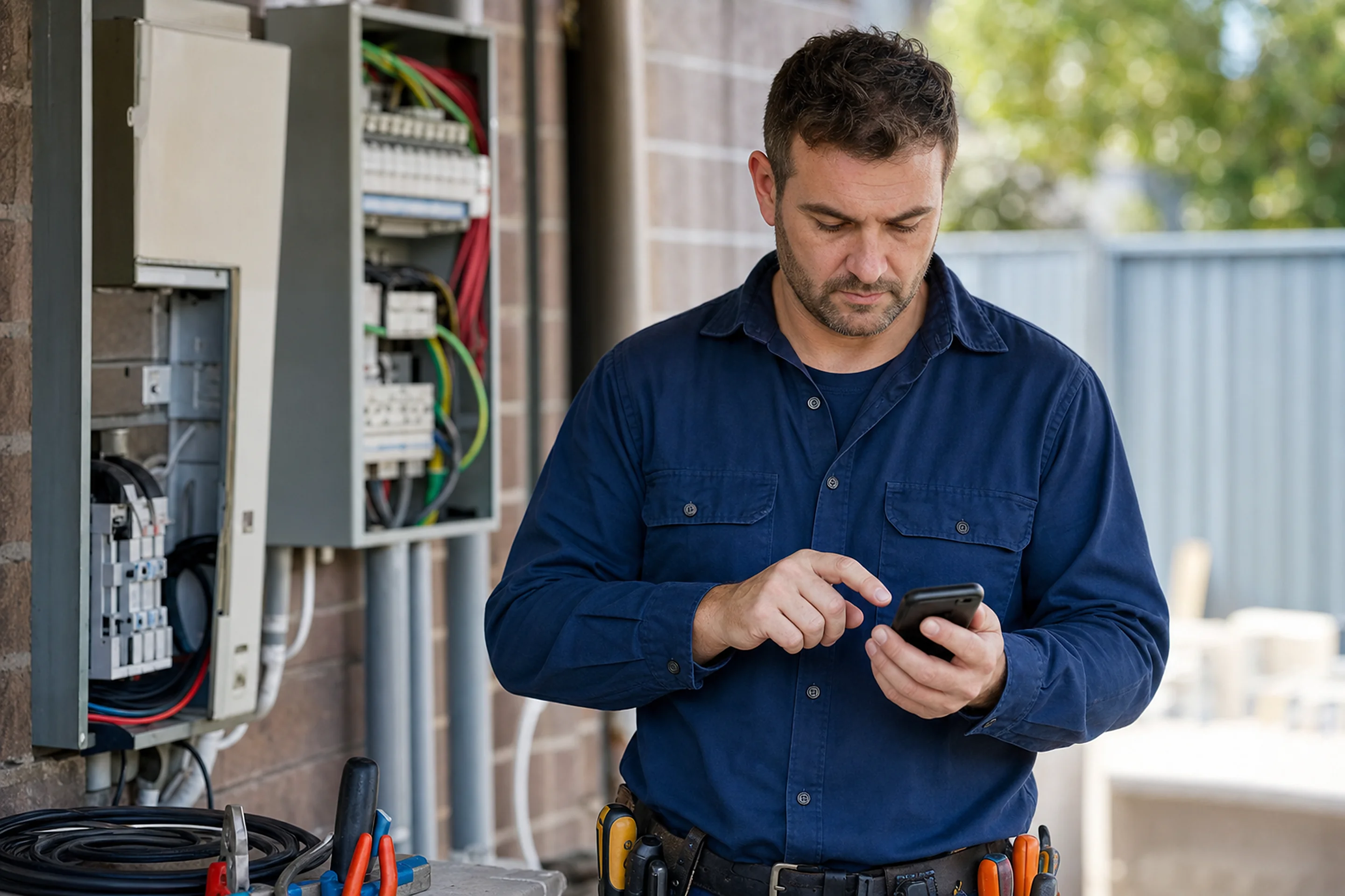 Australian tradie checking his phone on a job site, representing Google Ads leads filling his schedule