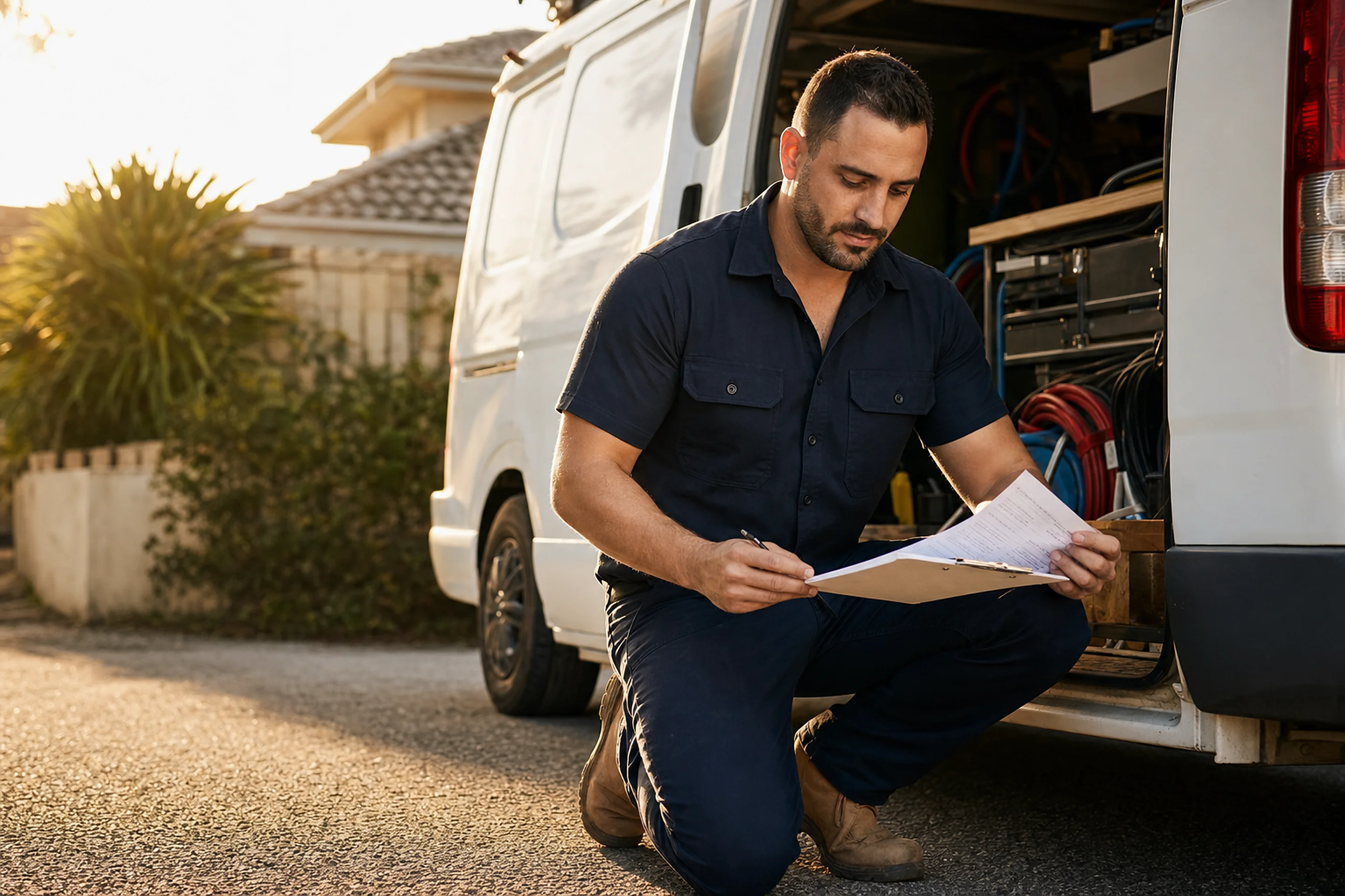 Australian tradie plumber reviewing advertising paperwork beside his van, representing effective tradie marketing