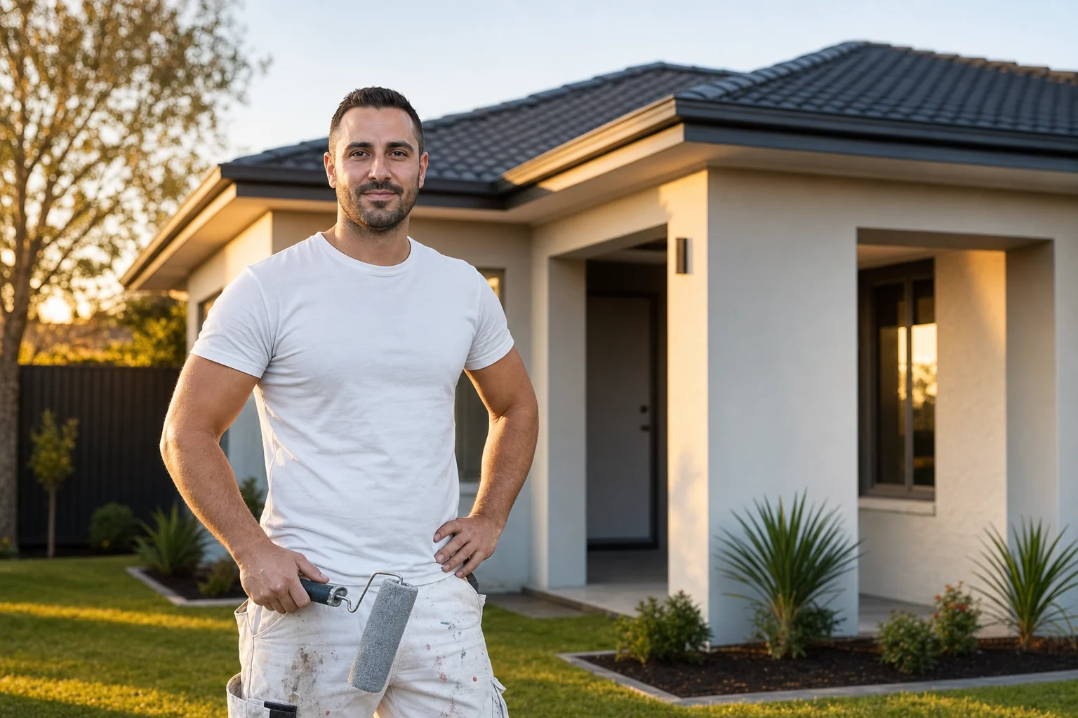 Australian tradie painter in front of completed house paint job, representing the outcome of effective tradie advertising