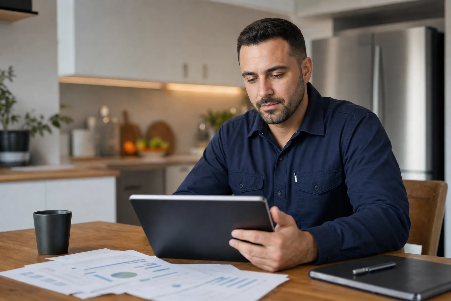 Tradie reviewing Google Ads budget and cost per lead data on a tablet at home