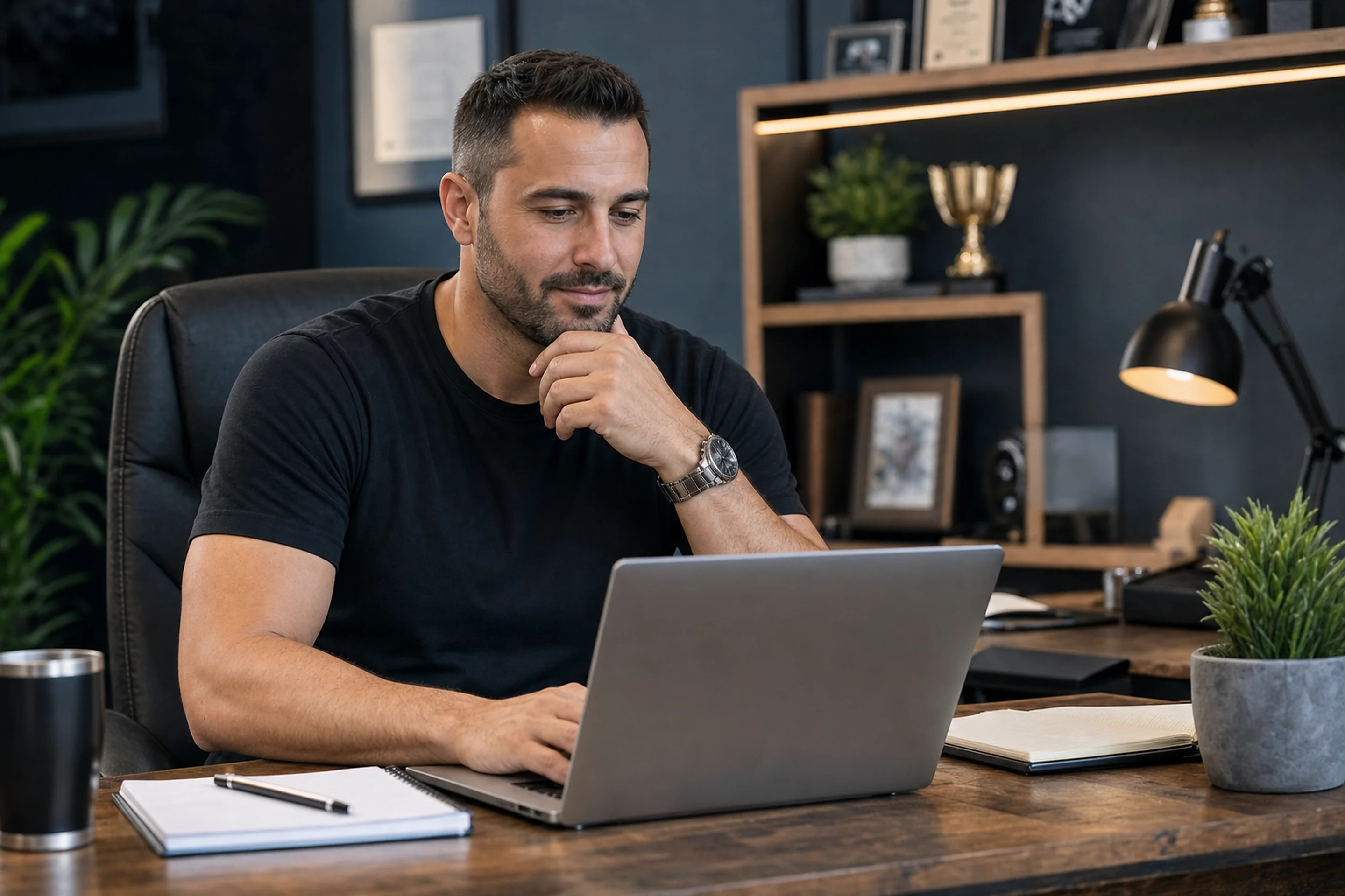 Tradie business owner reviewing Google Ads budget on laptop at home, calculating return on investment