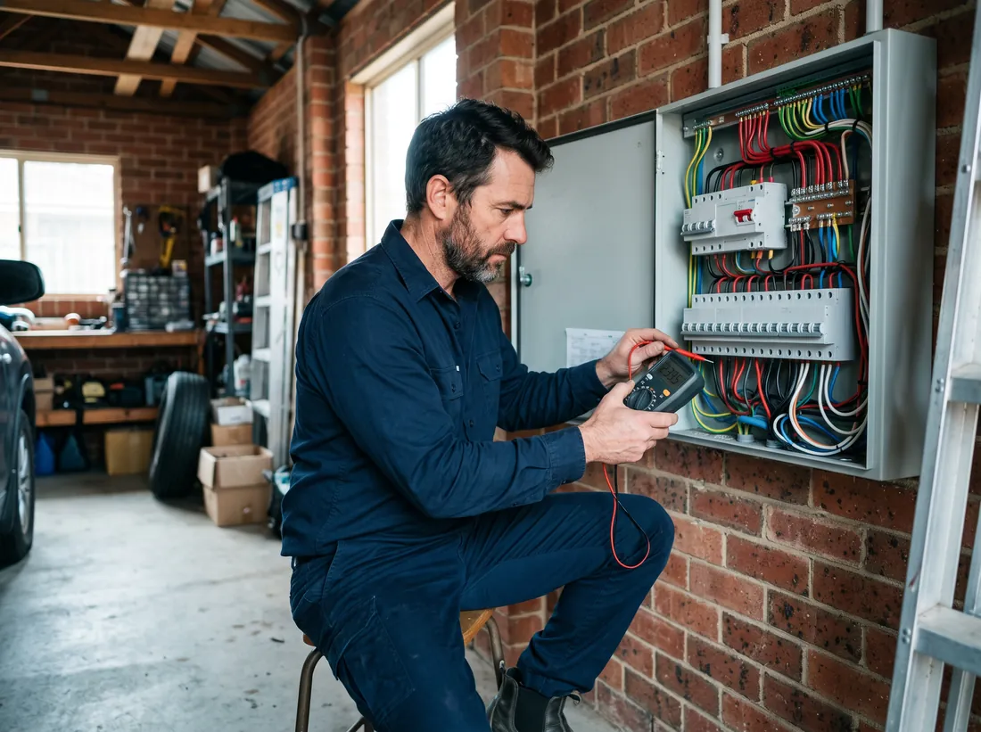 Electrician testing a residential switchboard with a multimeter in an Australian garage