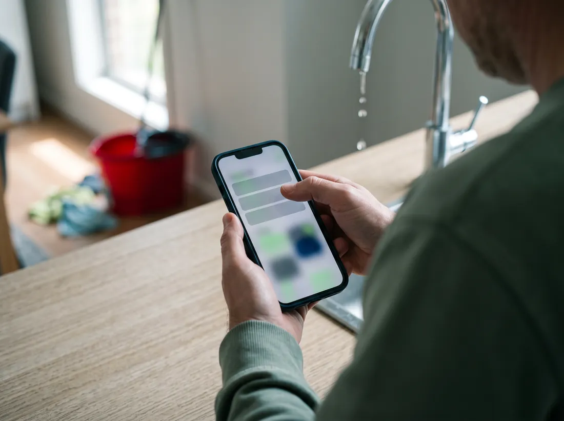 Homeowner searching for a tradie on their phone beside a leaking kitchen tap