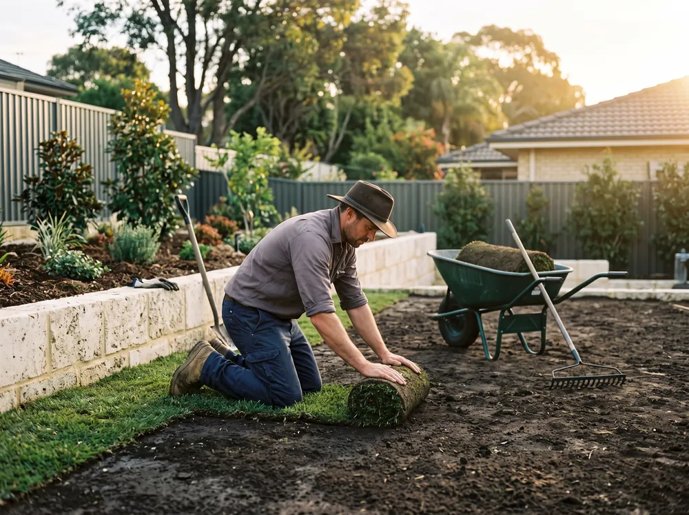 Landscaper laying fresh turf beside a limestone retaining wall in a backyard