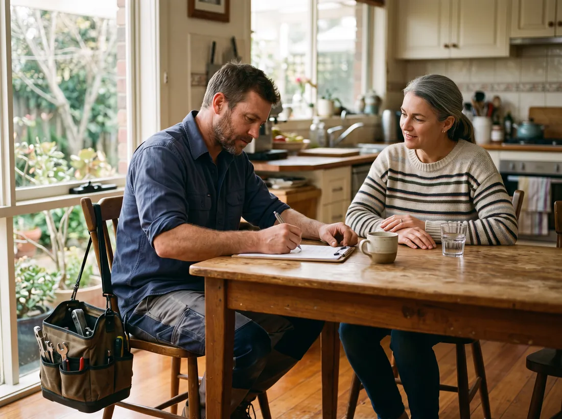 Tradie writing up a quote at a homeowner's kitchen table after an enquiry