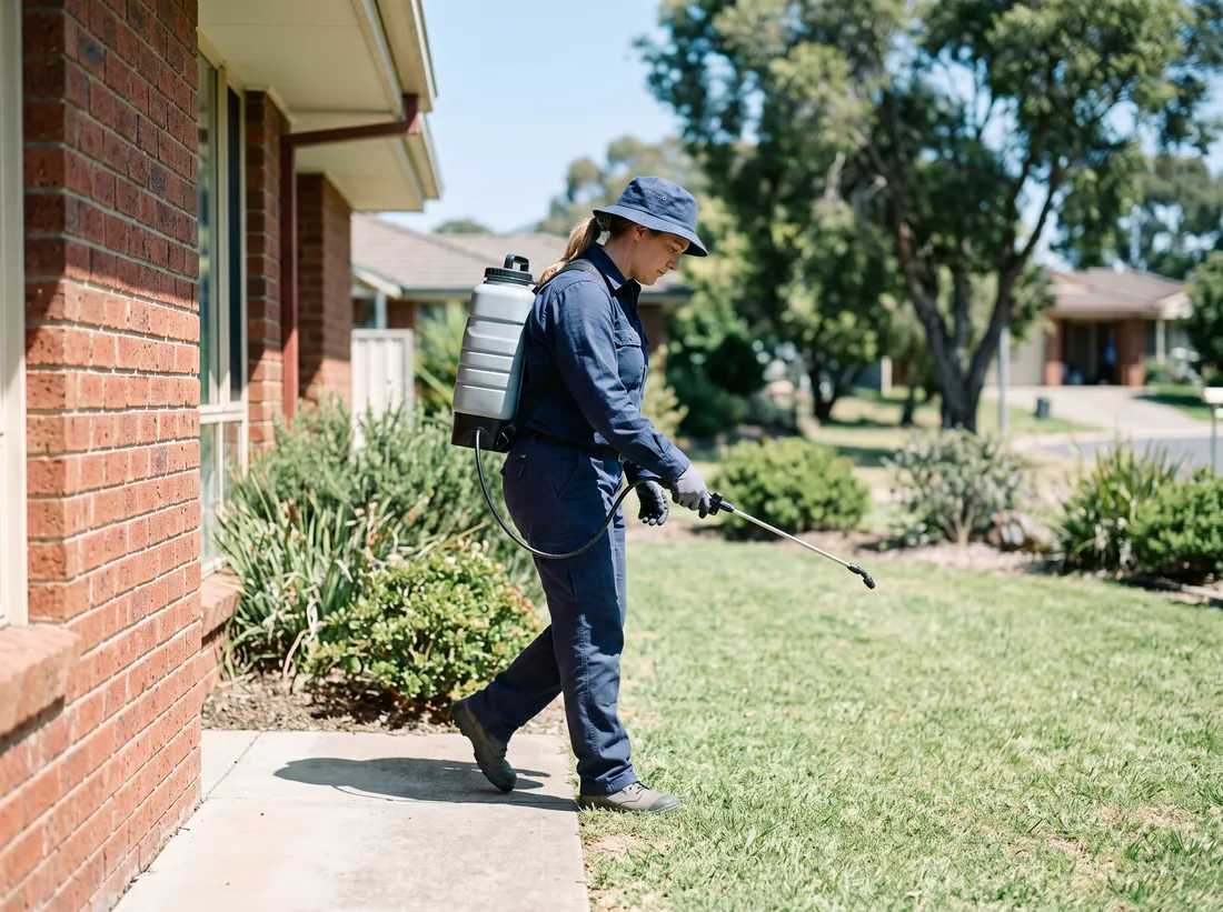 Pest control technician treating the perimeter of a brick home with a backpack sprayer