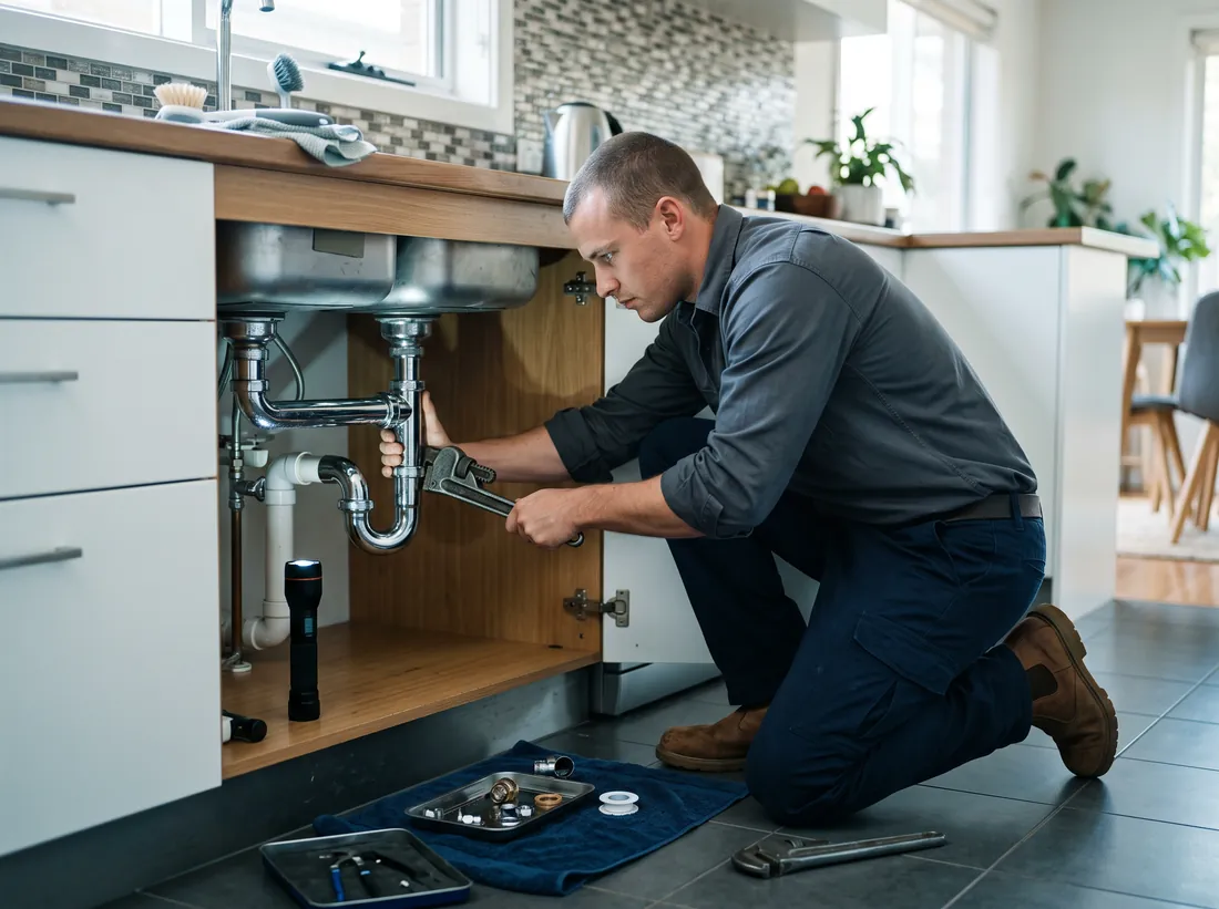 Plumber repairing the trap under a kitchen sink with a pipe wrench