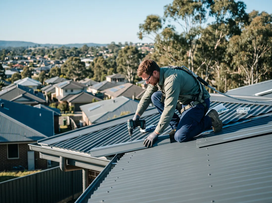 Roofer fixing sheets on a Colorbond metal roof above an Australian suburb