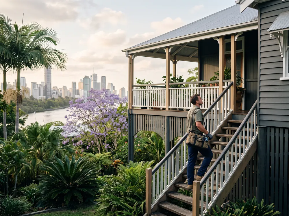 Tradesperson carrying tools up the steps of a Brisbane Queenslander above the river and city