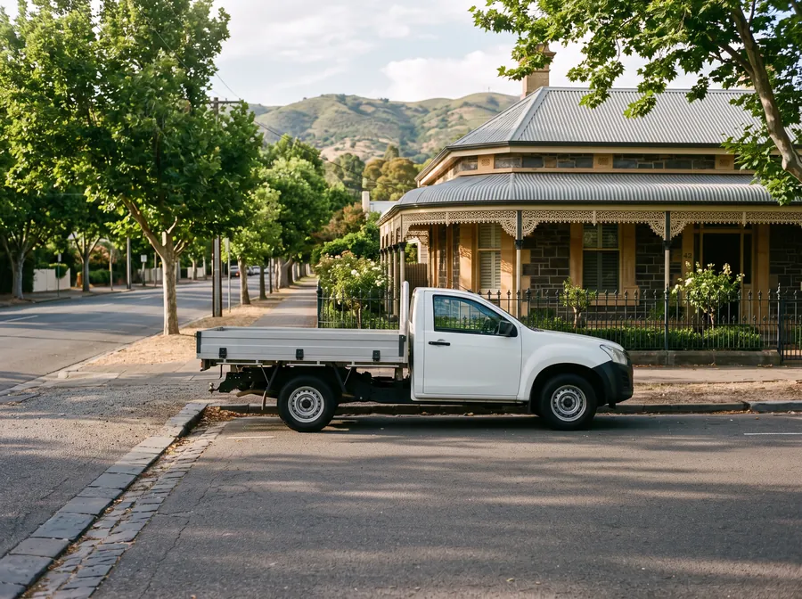 Tradie work ute parked outside an Adelaide sandstone villa with the Adelaide Hills behind