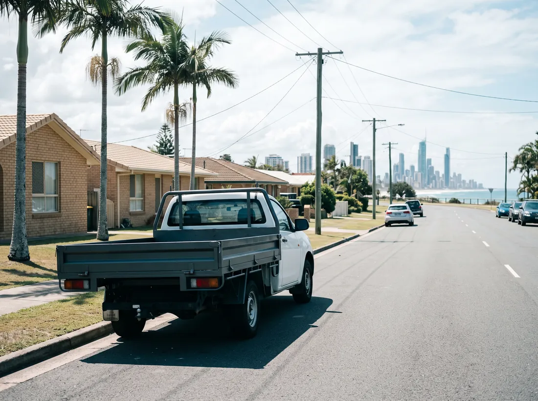 Tradie work ute parked on a Gold Coast street with the Surfers Paradise towers and ocean behind