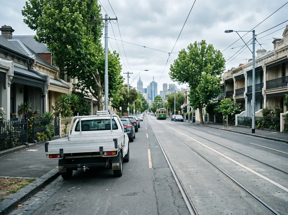 Tradie work ute parked on a Melbourne street with tram tracks and Victorian terraces