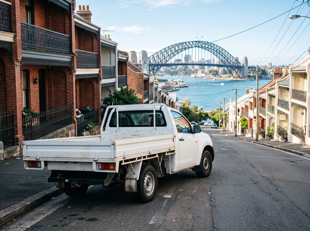 Tradie work ute parked on a Sydney terrace street above the Harbour Bridge